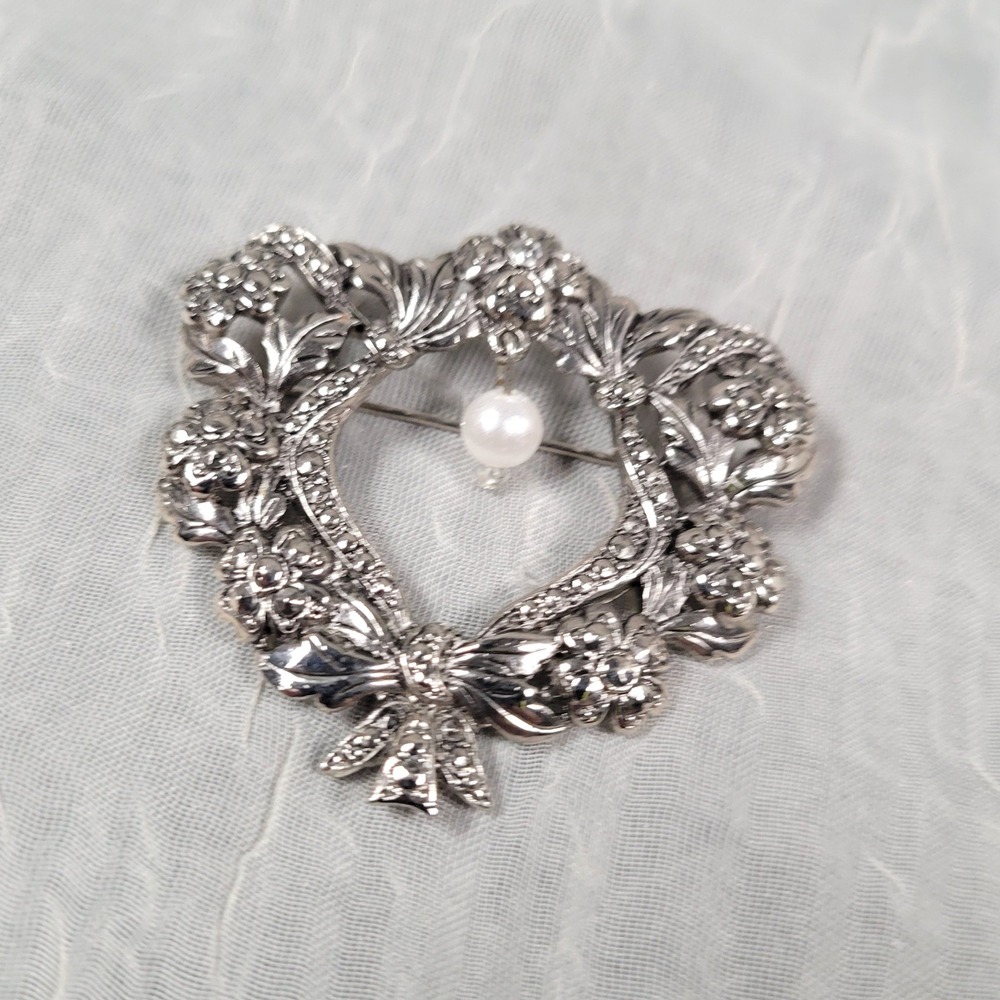 Silver Tone Floral Wreath Brooch Faux Pearl Dangle Clear Stone Victorian Style